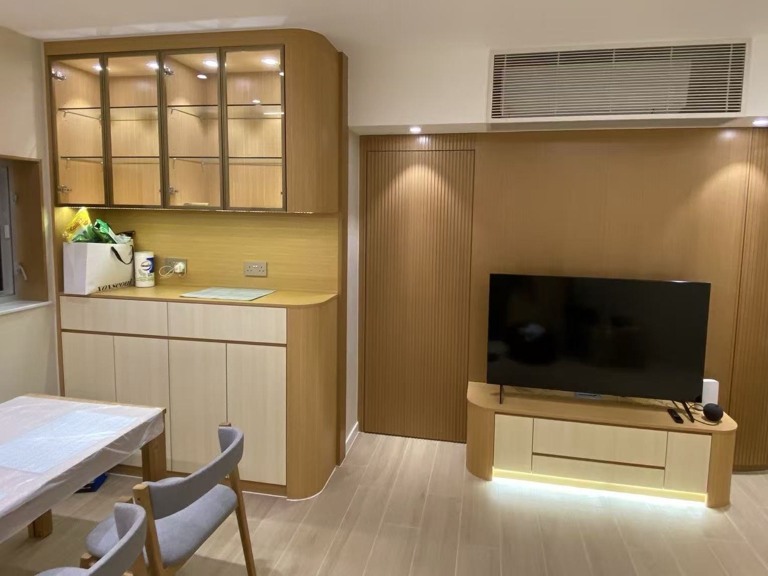 Apartment renovation — living, dining and kitchen